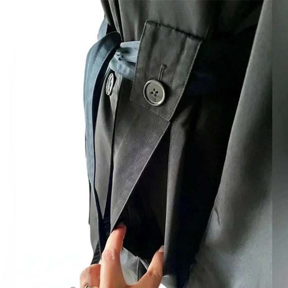 London Fog Belted Button Front Hooded Trench Coat Black Women Size L - Picture 8 of 11